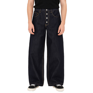 Men's Dark Blue Wide Leg Denim Pants High Waist Button Closure Casual Style 100% Cotton Midweight Canvas Fabric Autumn Wear - Product Image 4
