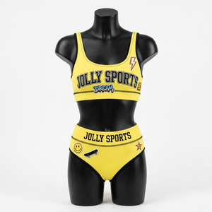ชุดบิกินี่พรีเมียม 200 GSM ผ้าโพลีเอสเตอร์ผสมสแปนเด็กซ์ สีเหลืองดำ แต่งแถบตัดกัน พร้อมปักโลโก้ ชุดว่ายน้ำสำหรับผู้หญิง - Product Image 4