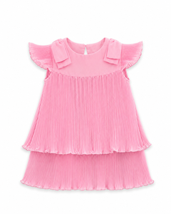 Robe plissée rose pour bébés filles avec manches à volants et jupe à étages, style mini uni mignon pour enfants - Product Image 4