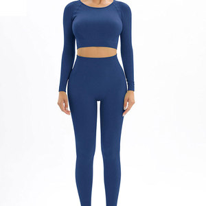 Ensemble de vêtements côtelés deux pièces confortables pour femmes, couleur unie, manches longues, longueur intégrale, séchage rapide, respirant, écologique, vêtements décontractés - Product Image 1
