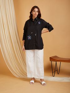 Chemise en coton noir brodée à manches longues, coupe ample, col rabattu, tenue décontractée pour tous les jours, toutes saisons, belle robe - Product Image 1
