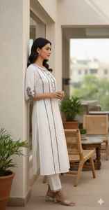 Conjunto de Kurta Larga y Pantalón Acampanado para Mujer, de Lona, 3 Piezas, Liso, Teñido, Midi, Elegante, Festivo, Ropa Étnica India y Pakistaní - Product Image 3