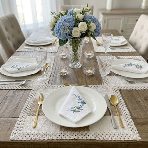 Custom Classic Square Cotton Napkin Embroidered Blue Flower Durable Reusable Machine Washable Full Size Home Wedding - Product Image 4