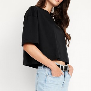 Camisetas de Verano de Poliéster Sólido para Mujer, OEM/ODM, Manga Corta, Logotipo Personalizado, Color Sólido, Top Corto Oversize - Product Image 3