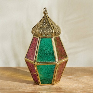 Wholesale <b>Mini</b> Moroccan Metal Candle Holder <b>Lantern</b> with Colorful Glass for Ramadan Tabletop and Hanging Decorations - Product Image 1