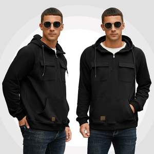 Sweat-shirt à capuche noir pour homme, demi-zip, poche kangourou, mélange de coton et polaire, décontracté, streetwear, chaud pour l'hiver, ODM, séchage rapide, respirant - Product Image 4