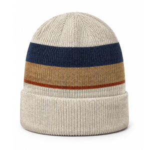 Gorro de punto beige multicolor con rayas horizontales, el más vendido, cálido para invierno, unisex, para exteriores. - Product Image 1