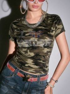 T-shirt court pour femme à lettres en strass, coupe ajustée, manches courtes, en coton, style décontracté Y2K, streetwear, tendance, best-seller - Product Image 2