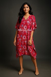 Vestido Kaftán de Algodón con Estampado Floral Rojo para Mujer, Estilo Jaipuri, Casual, Étnico, de Una Pieza, Midi, para Maternidad, Ecológico - Product Image 3