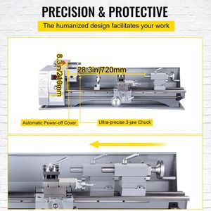 Tornio di Precisione in Metallo Mini 210x720, 2500 RPM, Velocità Variabile, 750W, Tornio Manuale per Lavorazione Metalli, 2500 RPM - Product Image 5