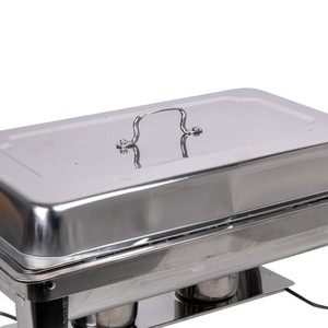 Plat à réchaud rectangulaire en métal argenté avec un cadre métallique robuste et des supports à double combustible, idéal pour les grands buffets et la restauration. - Product Image 4