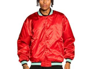 Chaqueta Varsity Roja de Satén para Hombre, Corte Regular, Cuello Alto, Cierre de Botones Cubiertos, Color Sólido, Estilo Casual, Bordado Invernal, Envío Rápido - Product Image 4