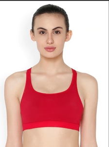 Sujetador deportivo estampado para mujer con espalda cruzada, cuello redondo, soporte medio, transpirable, para fitness y entrenamiento, top deportivo con ribete en contraste rojo - Product Image 3