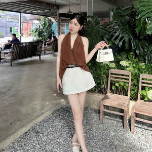 Ensemble coréen élégant : Blouse drapée brodée style halter et mini-jupe trapèze 100 % coton respirant et doux pour un usage quotidien raffiné - Product Image 5