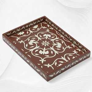 Handmade Floral Bone Inlay Tray | Geometric Chevron Serving <b>Coffee</b> <b>Table</b> Decor Vanity Display Ottoman Serving Tray - Product Image 6