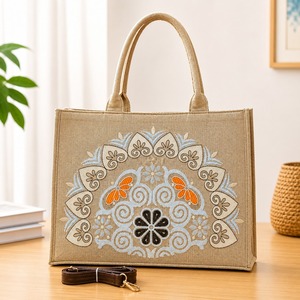 Bolsa de Yute Bordada de Color Sólido, Bolsa de Compras Reutilizable, Bolso Grande con Correa para el Hombro, Forro de Algodón, para Regalo - Product Image 1