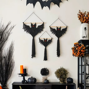 Black Bat Shape Macrame Wall Hanging Suitable For Halloween Party <b>Decor</b> Gothic Style Handmade Wall Art Wholesale From India - Product Image 1