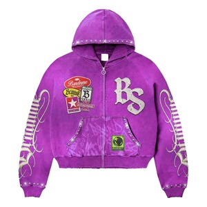 Custom Vintage Washed Sun Faded <b>Hoodie</b> <b>for</b> <b>Men</b> Factory OEM <b>Oversized</b> Heavyweight 100% Cotton Zipper Jacket Rhinestone <b>for</b> Winter - Product Image 5