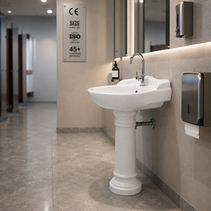 Lavabo sur pied ovale traditionnel pour salle de bain, certifié NSF, avec robinet à levier monotrou, finition polie brillante - Product Image 2
