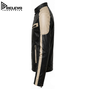 <b>Men</b> Premium Quality Racing <b>Leather</b> Biker <b>Jacket</b>, Two Tone Black with Beige Chest Stripe, Racer Motorcycle Outerwear - Product Image 3