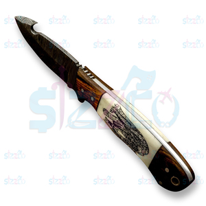 OEM Damascus Steel Hunting <b>Knife</b> Skinner, Engraved <b>Handle</b> Gut Hook Fixed Blade Camping Outdoor EDC <b>Knife</b> with Leather Sheath - Product Image 3