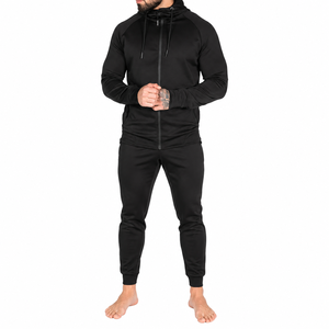 Men's Black Full <b>Zip</b> <b>Hooded</b> Tracksuit Solid Color Casual Jogger Set With Side Pockets Breathable Polyester Sportswear - Product Image 1