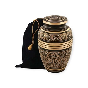 Vintage <b>Black</b> <b>and</b> <b>Gold</b> Floral Pattern Cremation Urn with Velvet Bag for Adult Memorial Ashes - Product Image 1