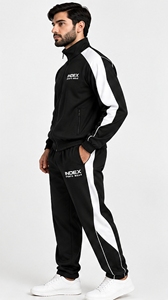 Survêtement noir pour homme INDEX, style sportif avec fermeture éclair intégrale et bandes blanches, coupe classique, vêtement d'automne respirant en polyester et coton - Product Image 3