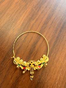 Anneau de nez en or massif 22 carats, bijou de mariage traditionnel indien, design Nath motif paon floral émaillé, grande taille, fil de piercing - Product Image 4