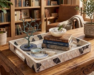 Handcrafted <b>Rectangle</b> Mother of Pearl Decorative Serving Tray with Handle for <b>Coffee</b> <b>Table</b>, Ottoman & Home Decor from Vietnam - Product Image 3