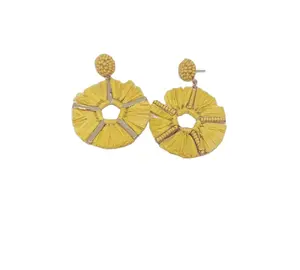 Желтые серьги-гвоздики с подвесками из рафии, Украшенные бусинами, модные цветочные серьги ручной работы для женщин