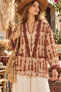 Hand Printed Boho Shirt, Ethnic <b>Women</b>’s Top, Relaxed Fit Casual Wear - Product Image 1