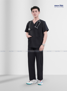 Conjunto de Uniforme Médico para Hombre, Cuello en V, Color Negro, Manga Corta, Tejido de Poliéster y Rayón, Incluye Pantalones - Product Image 2