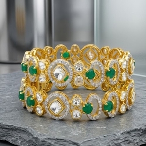 Luxury 925 Silver Monzo Bangles Green Stone Crystal Designer <b>Kada</b> Set for Geometric Design Women's Wedding Jewelry - Product Image 2