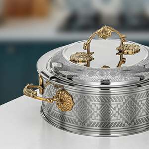 Arabic Engraved Enamel Coated Stainless Steel Insulated Casserole Hotpot Serving Dish Gold Handles 33cm Diameter Dishwasher Safe - Product Image 6
