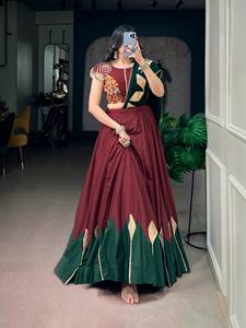 Ensemble Lehenga traditionnel indien pour mariage, patchwork Gota, avec blouse et dupatta, en mousseline bordeaux et verte, longueur ras du sol, protection solaire - Product Image 3