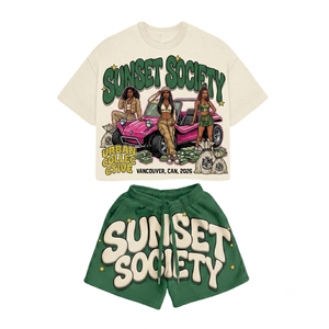 Conjunto de Camiseta de Manga Corta y Pantalones Cortos con Estampado Gráfico Vintage Personalizado, Diseño Y2K Streetwear Sunset Society, Conjunto de Dos Piezas - Product Image 5