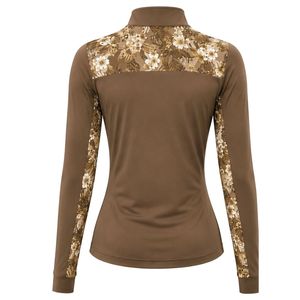 Manufacturer Customized <b>Brown</b> Women Quarter Zip Athletic Pullover Shirt Floral <b>Sleeve</b> Panel <b>Long</b> <b>Sleeve</b> Fitness Training Sports - Product Image 2