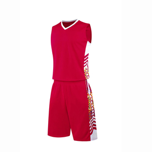 Ensemble short et maillot de basket personnalisé par sublimation, imprimé géométrique rouge et blanc, col en V, sans manches, unisexe, adulte, séchage rapide, tenue de sport - Product Image 1