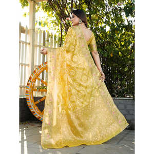 Sari Patola de Organza Amarillo con Bordado Zari, Elegantes Vestidos de Dama de Honor - Product Image 4