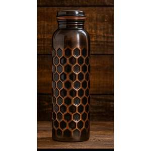 Hexagon Pattern Copper Water <b>Bottle</b> Antique Black Finish Geometric Metal Drink <b>Flask</b> Reusable Leakproof Hydration <b>Bottle</b> - Product Image 3