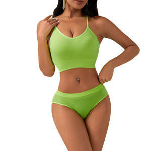 Women's 2 Piece Seamless Ribbed Jersey <b>Lingerie</b> Set Neon Green Bra and Briefs - Product Image 3