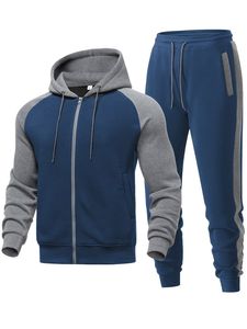 Men's Color Blocking Hooded Lightweight Fleece Tracksuit <b>Set</b> Full Sleeve Sweatshirt Pants Casual Winter Wear Breathable - Product Image 4