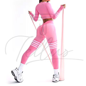 Ensemble de sport 4 pièces côtelé sans couture pour femme avec logo personnalisé, leggings de yoga grande taille, vêtements de fitness personnalisables - Product Image 3
