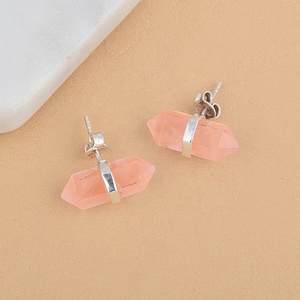 Natural Rose Quartz Double Point Crystal <b>Stud</b> Earrings <b>Sterling</b> <b>Silver</b> Healing Gemstone Earrings for Women - Product Image 2