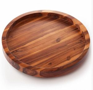 Plateaux de service en bois d'acacia véritable pour la décoration de la maison, plateau décoratif en bois artisanal, design rustique rond, emballage en une seule pièce - Product Image 1