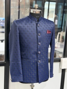 Veste Nehru formelle jacquard gaufré bleu marine pour homme, style contemporain Bandhgala, veste de costume Prince pour marié et mariage - Product Image 4