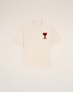 Camiseta Personalizada de Manga Corta Color Crema para Hombre con Bordado de Corazón Rojo, Corte Regular, Informal, de Algodón Jersey, Cuello Redondo - Product Image 1