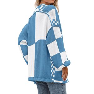 Custom Blue White Wool <b>Cardigan</b> <b>Women</b> Checkerboard Pattern <b>Longline</b> Open Front Knit Sweater Ladies Patterned Oute - Product Image 2