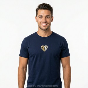 Premium Men Navy Blue T-shirt Gold Foil Heart <b>Lock</b> <b>Small</b> Logo Print Casual Crew Neck Cotton Tee Shirt Custom Brand Apparel - Product Image 1